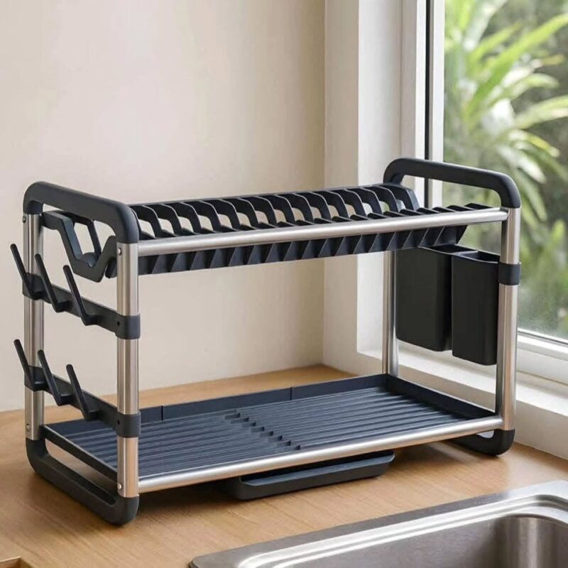 🍽️✨ منظم الصحون بطابقين من الألمنيوم